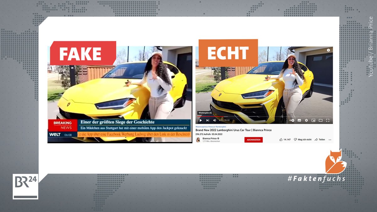 Links der Ausschnitt aus dem Fake-Nachrichtenbeitrag, rechts das Originalvideo der Influencerin