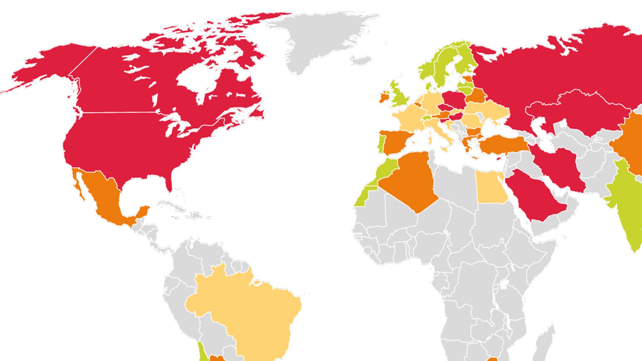 Grafik Klimaschutz-Index 2021 (Klimaschutz-Bewertungen der Länder: hellgrün = gut, hellorange = mäßig, orange = schlecht, rot = sehr schlecht)