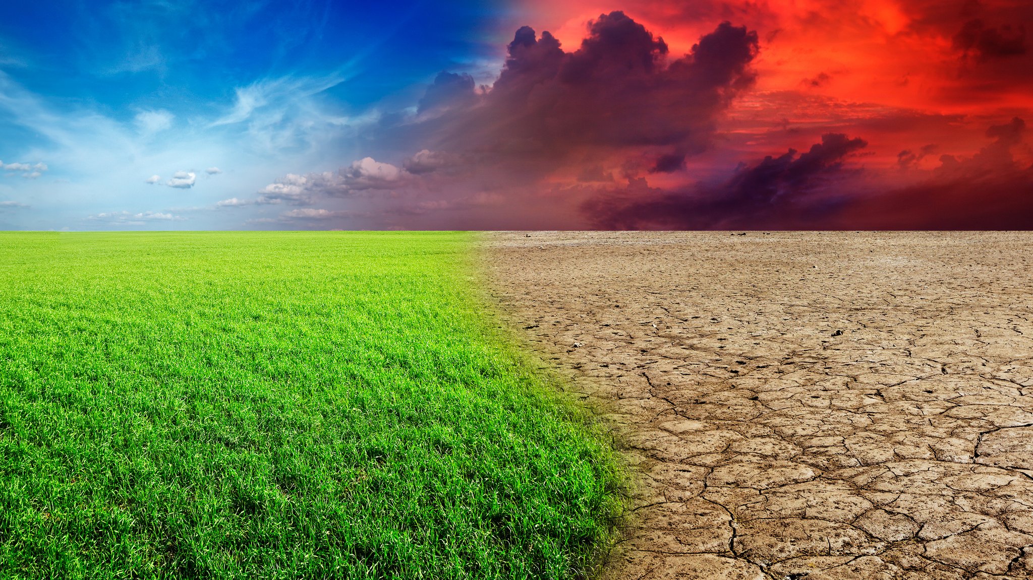 Landschaft mit grüner Wiese wird zu Wüstenlandschaft mit ausgetrocknetem Boden.