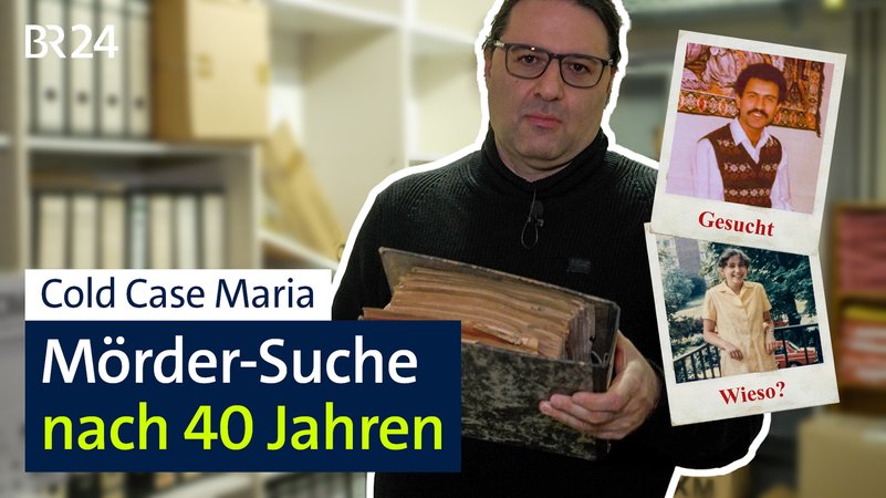 Einer der Ermittler mit einem Aktenordner in der Hand, daneben Bilder der getöteten Maria und des Tatverdächtigen. | Bild: BR / Polizeiinspektion Aschaffenburg Einer der Ermittler mit einem Aktenordner in der Hand, daneben Bilder der getöteten Maria und des Tatverdächtigen.