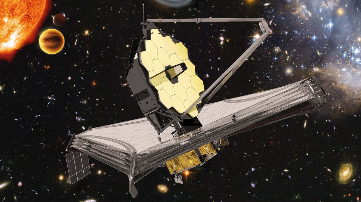 Die künstlerische Illustration des James Webb-Weltraumteleskops zeigt das Teleskop vor einem Hintergrund aus Sternen, Galaxien und bunten Nebeln. Dabei handelt es sich um Himmelskörper, die das Weltraumteleskop der NASA künftig beobachten soll.