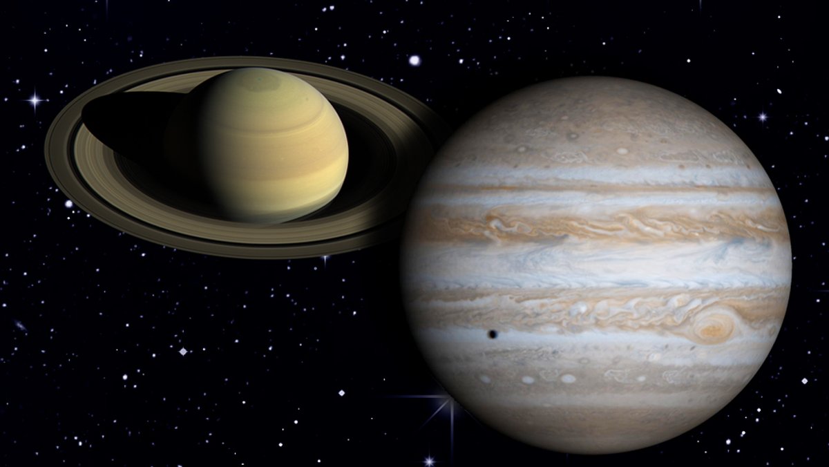 Jupiter und Saturn am Sternenhimmel (Collage)