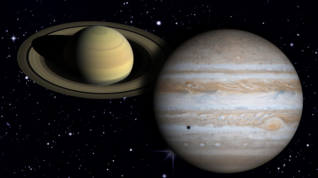 Jupiter und Saturn am Sternenhimmel (Collage)