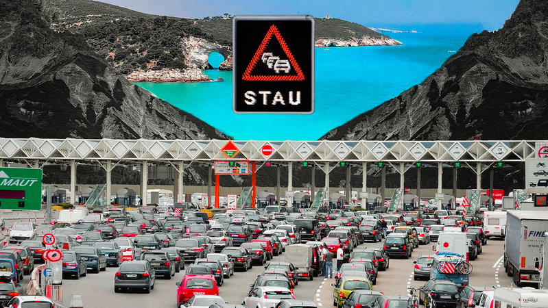 Mittelmeer und Adria als großes Ferienziel, doch vorher muss man von Bayern aus über die Alpen – und das bedeutet häufig lange Staus. | Bild: Picture Alliance/dpa, Sylvia Bentele (Collage: BR24) Mittelmeer und Adria als großes Ferienziel, doch vorher muss man von Bayern aus über die Alpen – und das bedeutet häufig lange Staus.