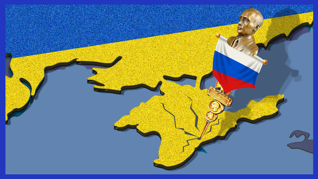 Eine Landkarte, im Fokus ist die ukrainische Halbinsel Krim, eingefärbt in blau-gelb, ein Speer mit Russland-Flagge und Putin-Büste ist in die Krim gerammt.