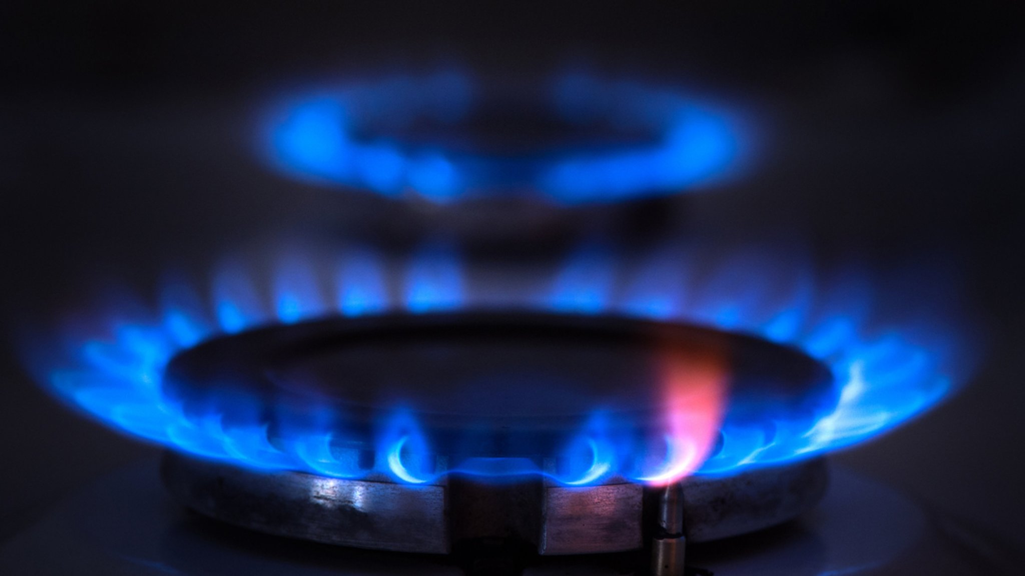 Zahlreiche blau-schimmernde Gas-Flämmchen sind an zwei Brennerdeckeln eines Gasherdes zu sehen.