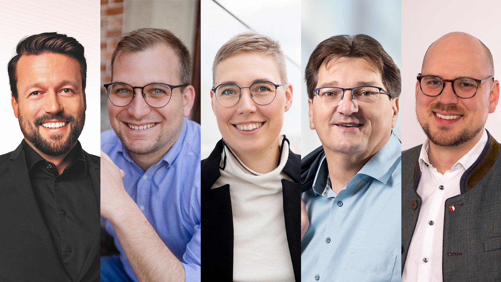 Die Kandidaten bei der Landratswahl Neu-Ulm, von links nach rechts: Daniel Fürst (SPD), Ludwig Ott (Grüne) , Eva Treu (CSU), Joachim Eisenkolb (FW), Wolfgang Dröse (AfD) 