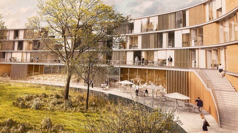 Der wegen seiner oval-geschwungenen Formen "Lechkiesel" genannte Gebäudeentwurf am Penzinger Feld. | Bild: Hascher Jehle Architektur Der wegen seiner oval-geschwungenen Formen "Lechkiesel" genannte Gebäudeentwurf am Penzinger Feld.