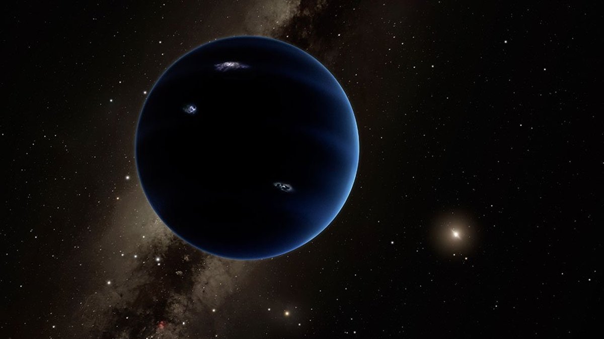 Diese künstlerische Darstellung zeigt den fernen Blick von Planet Neun zurück auf die Sonne. Es wird angenommen, dass der Planet gasförmig ist, ähnlich wie Uranus und Neptun. Hypothetische Blitze erhellen die Nachtseite.