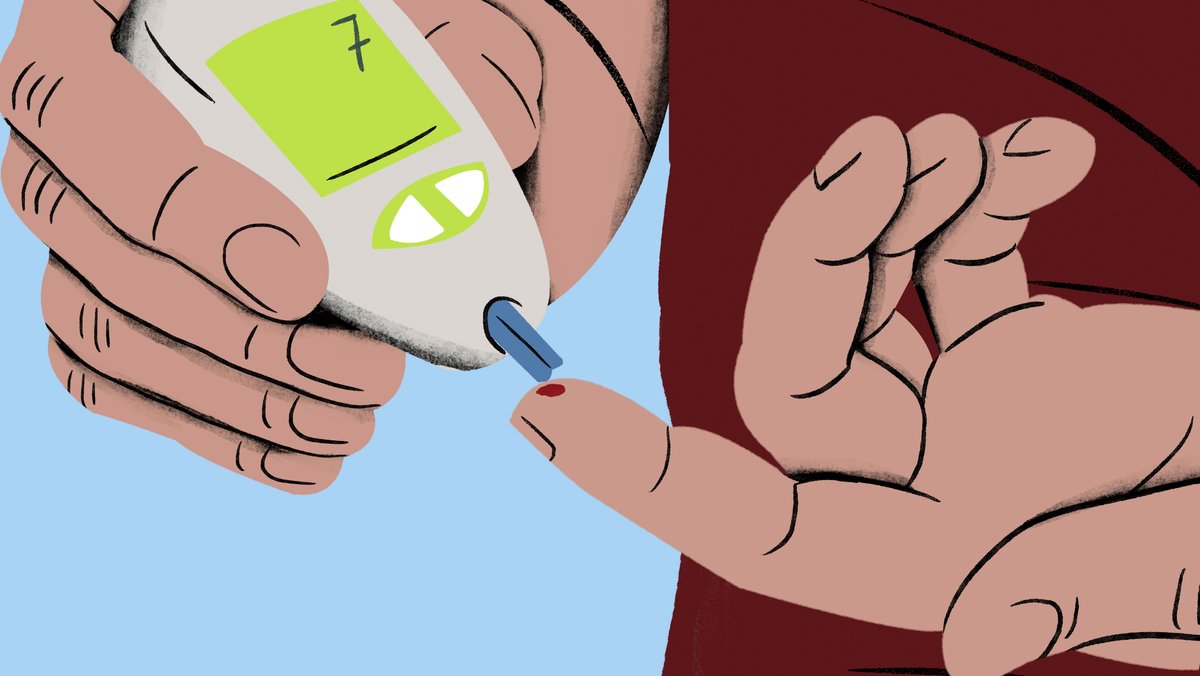 Grafik: Zwei Hände mit einem Blutzuckermessgerät