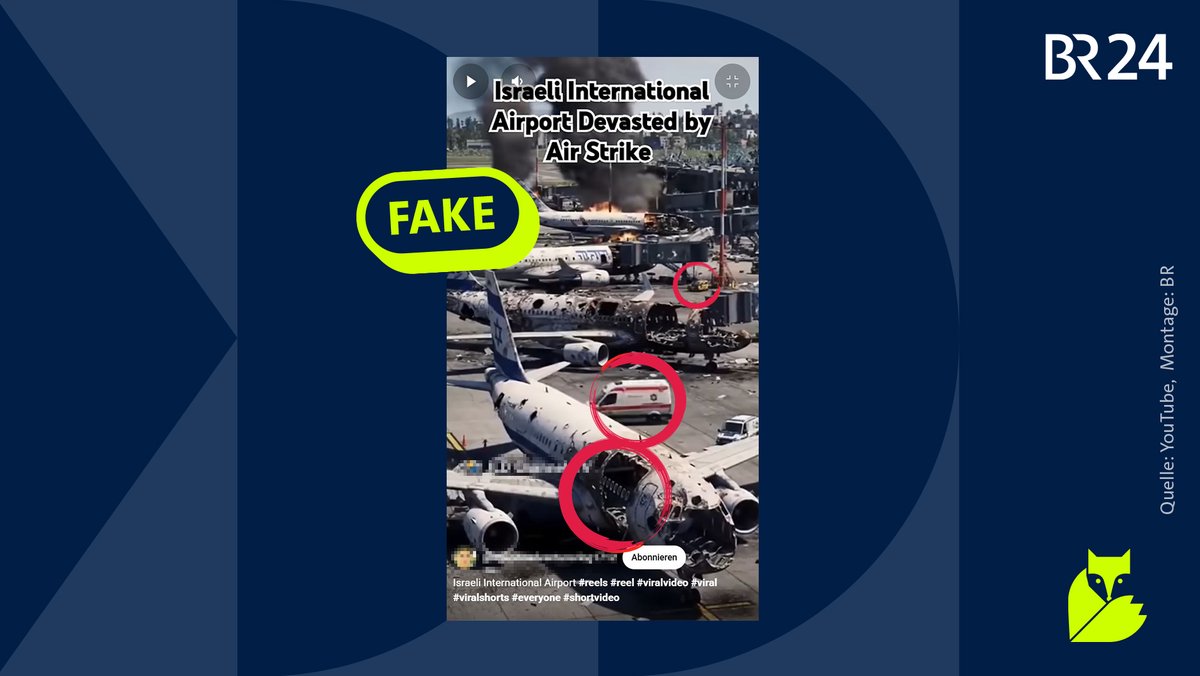 Zu sehen ist ein Screenshot eines KI-generierten YouTube-Videos, auf dem man zerstörte Flugzeuge auf einem Rollfeld sieht. Einzelne Merkmale sind rot eingekreist, anhand derer man erkennt, dass es sich um einen Fake handelt. Auf dem Screenshot ist ein Stempel mit der Aufschrift "Fake".