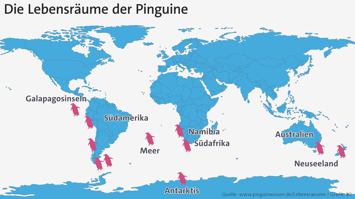 Karte der Lebensräume der Pinguine auf der südlichen Halbkugel. 