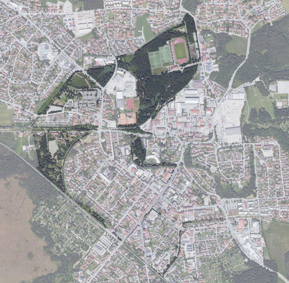 Kartenaussschnitt mit angedeuteten Grünflächen in Penzberg