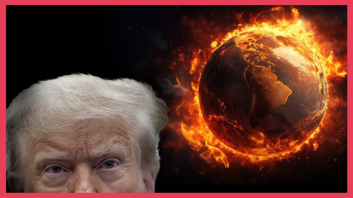 Ein Mann lugt vom Bildrand hoch, es ist Donald Trump. Im Hintergrund sieht man eine brennende Weltkugel.