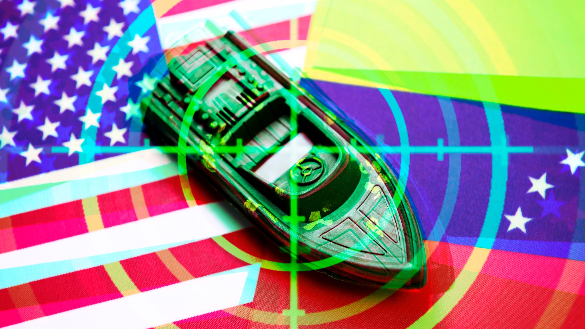 Fotomontage: Boot auf den Fahnen von USA und Venezuela mit Fadenkreuz.