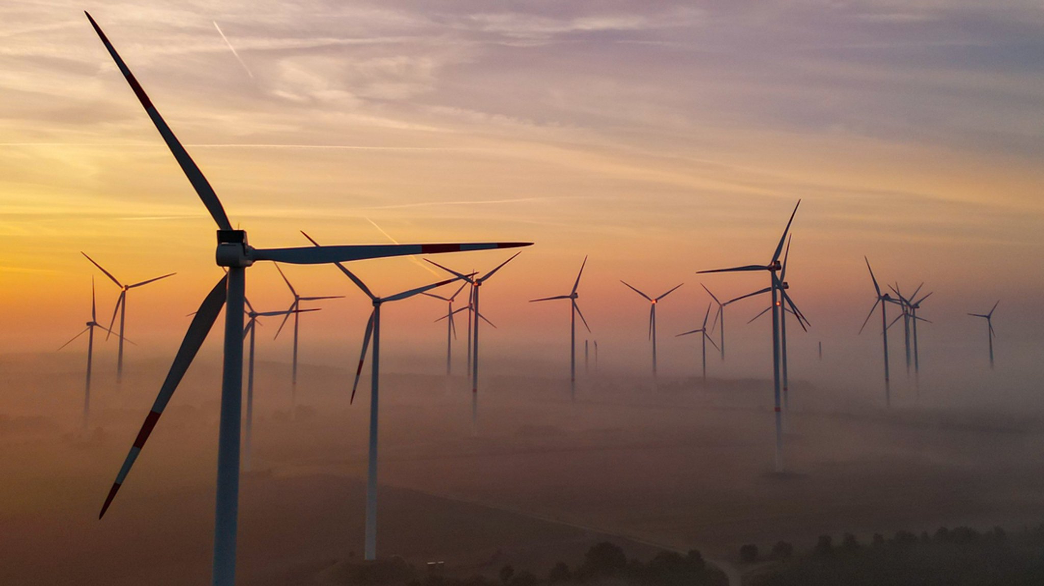  Brandenburg, Sieversdorf: Sonnenaufgang im Morgennebel über dem Windenergiepark "Odervorland"»