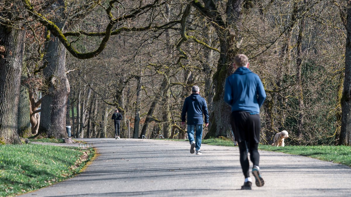 Menschen joggen  und gehen durch einen Stadtpark.