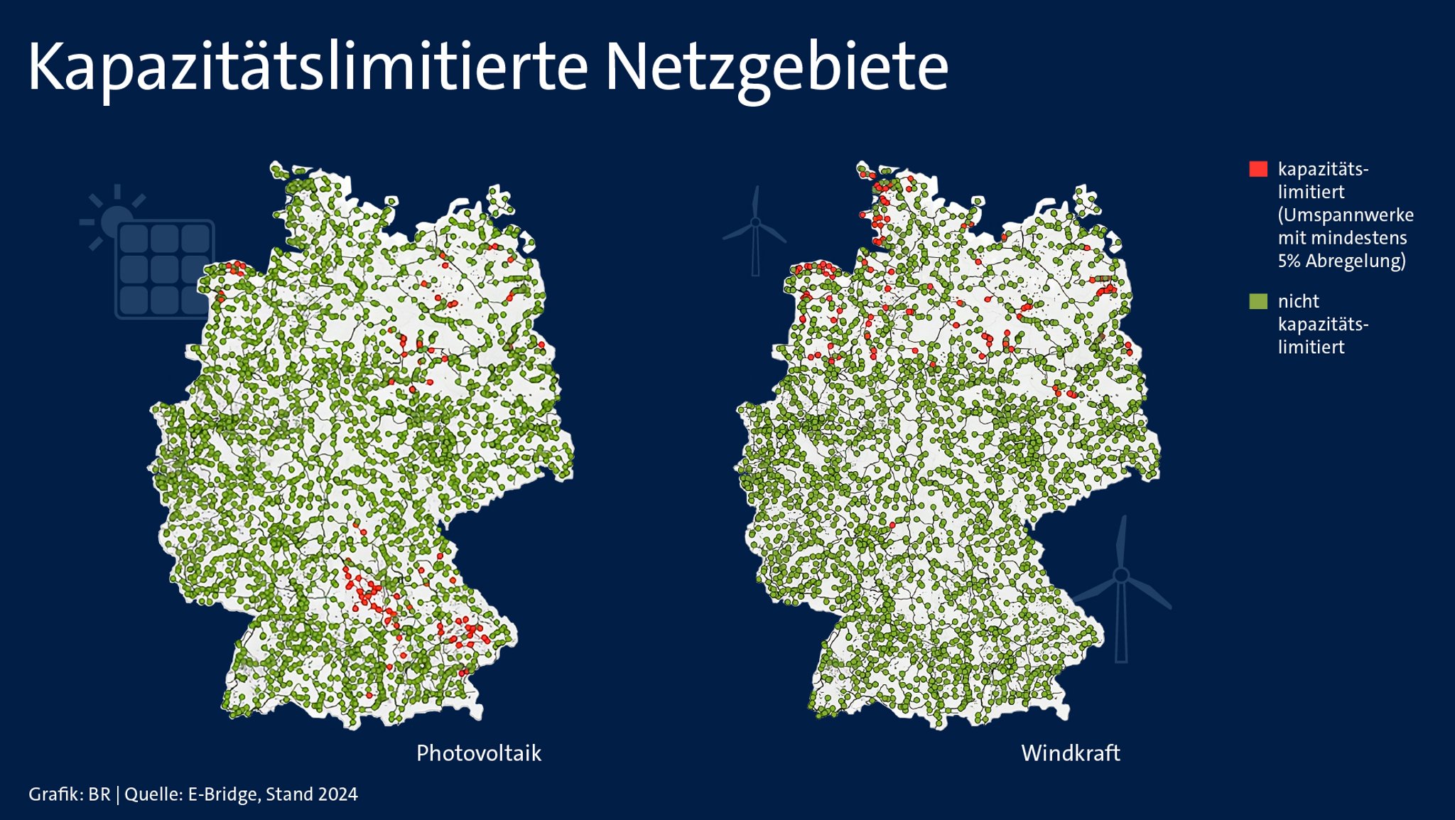 Karten mit kapazitätslimitierten Netzgebieten | Bild: BR/E-Bridge Karten mit kapazitätslimitierten Netzgebieten