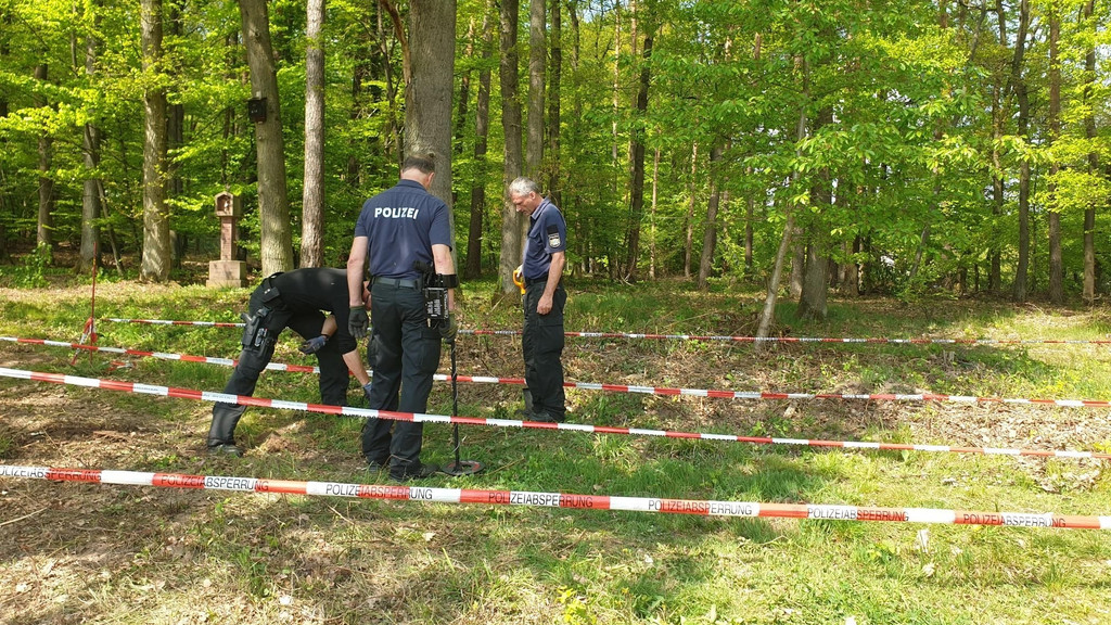 Hier wurde die Leiche von Klaus Berninger vor 32 Jahren gefunden: Polizisten suchen ein Waldstück in Wörth am Main ab.