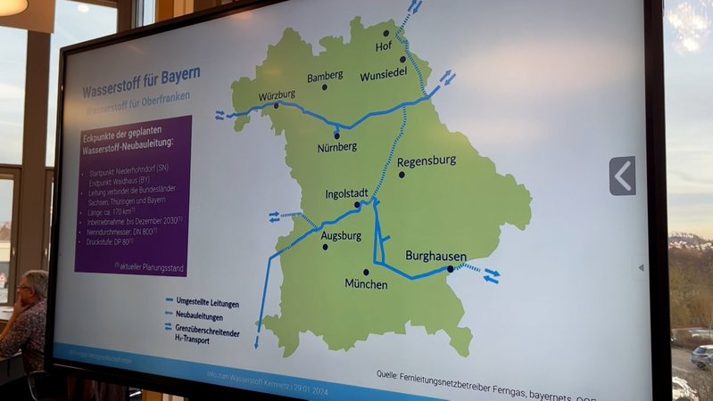 Eine Bayern-Karte zeigt das geplante Leitungsnetz für Wasserstoff.