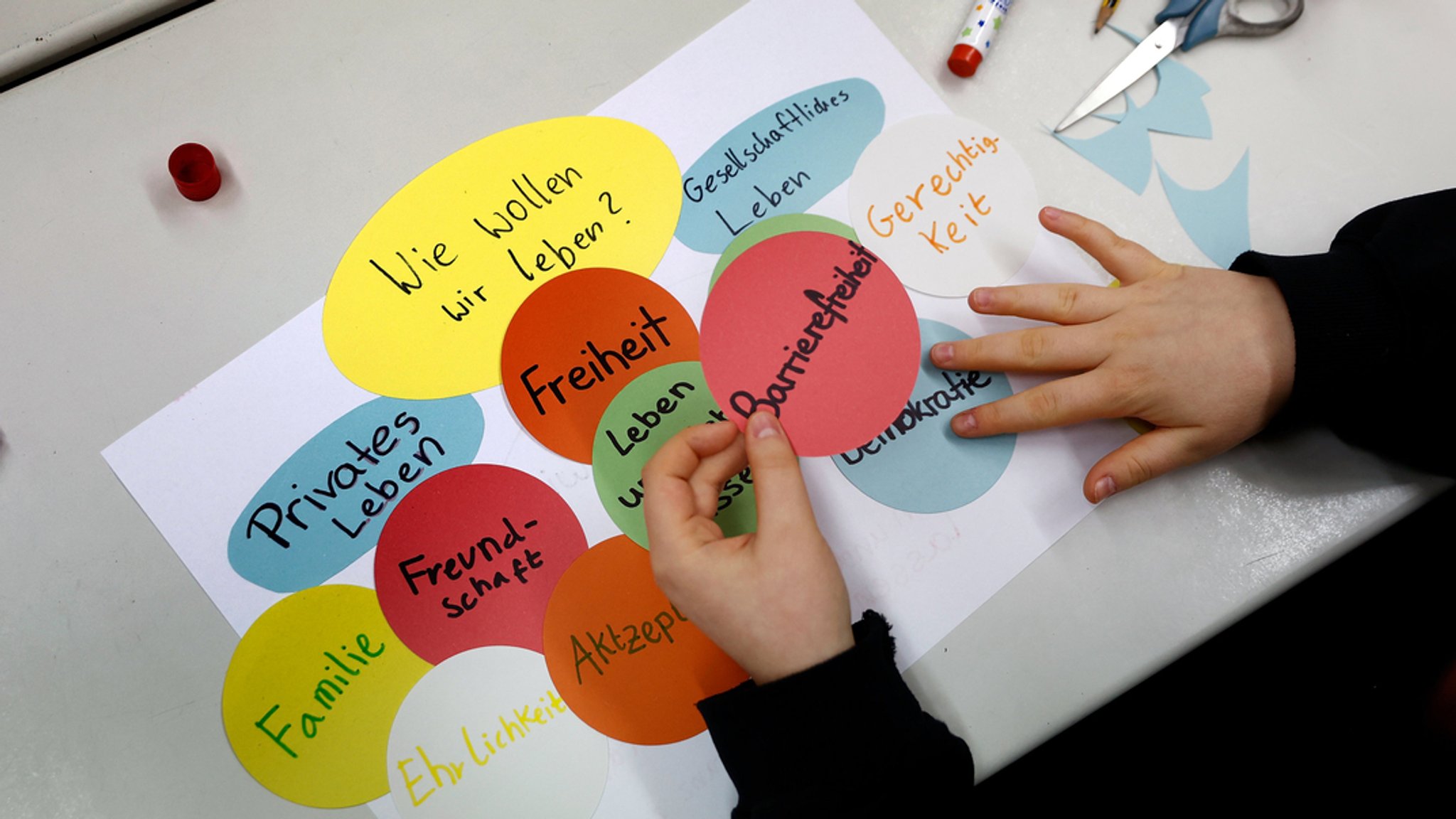 Auf einem Tisch eines Gymnasiums wird während eines Workshops von Schülerinnen und Schülern ein Plakat mit verschiedenen Begriffen wie "Barrierefreiheit" gestaltet zu ihren Vorstellungen für die Zukunft, und wie sie leben wollen.