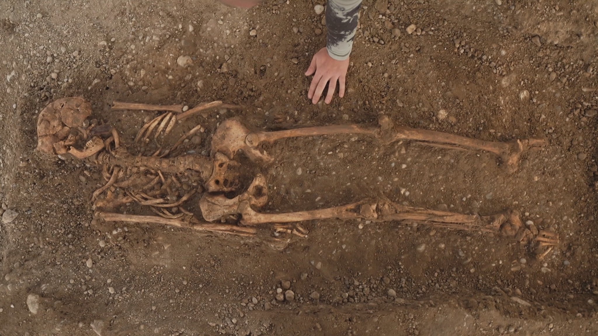 Ein Skelett in einem Grab, darüber die Hand eines Archäologen.