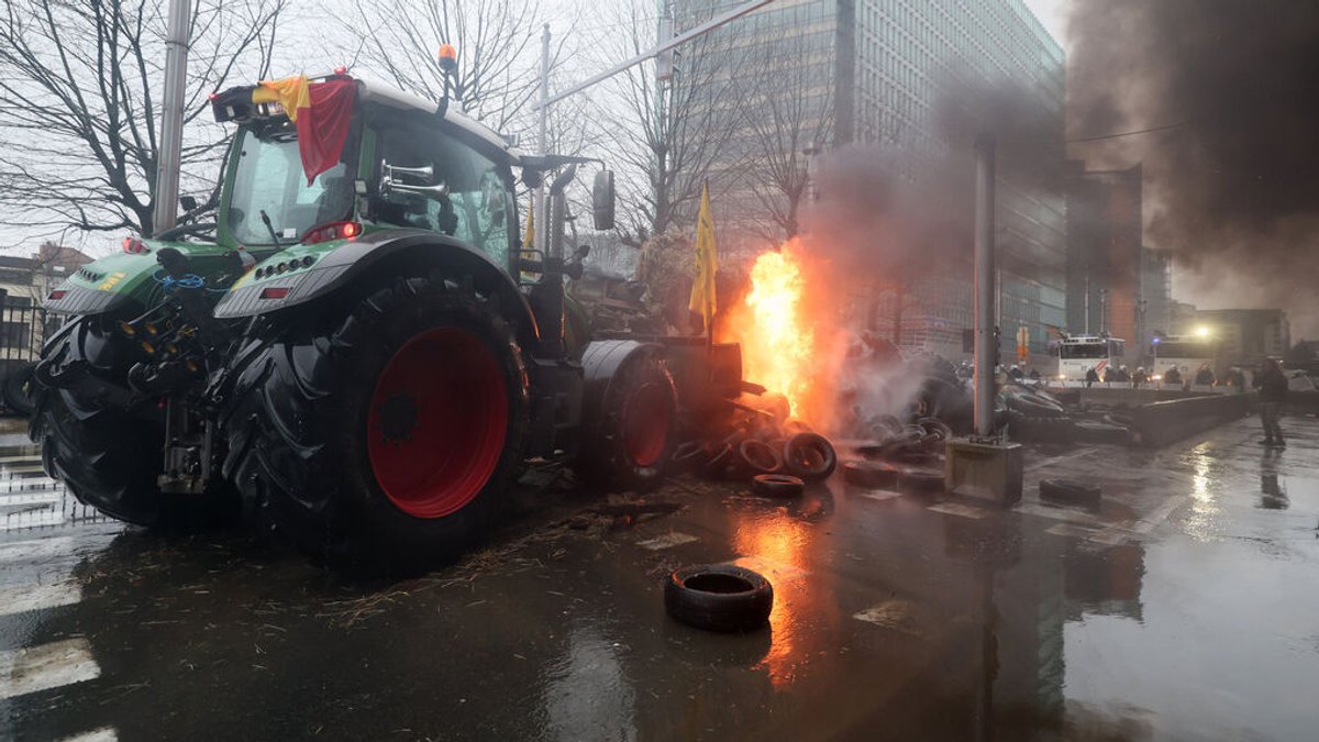 Landwirte verbrennen Reifen im Brüsseler Europaviertel während eines Protestes von Landwirten vor einem Treffen der EU-Agrarminister. Die Landwirtschaftsminister und -Ministerinnen beschäftigen sich bei einem EU-Treffen mit den Bauernprotesten in mehreren EU-Ländern und der Frage, wie man Probleme der Landwirte angehen kann Archiv)