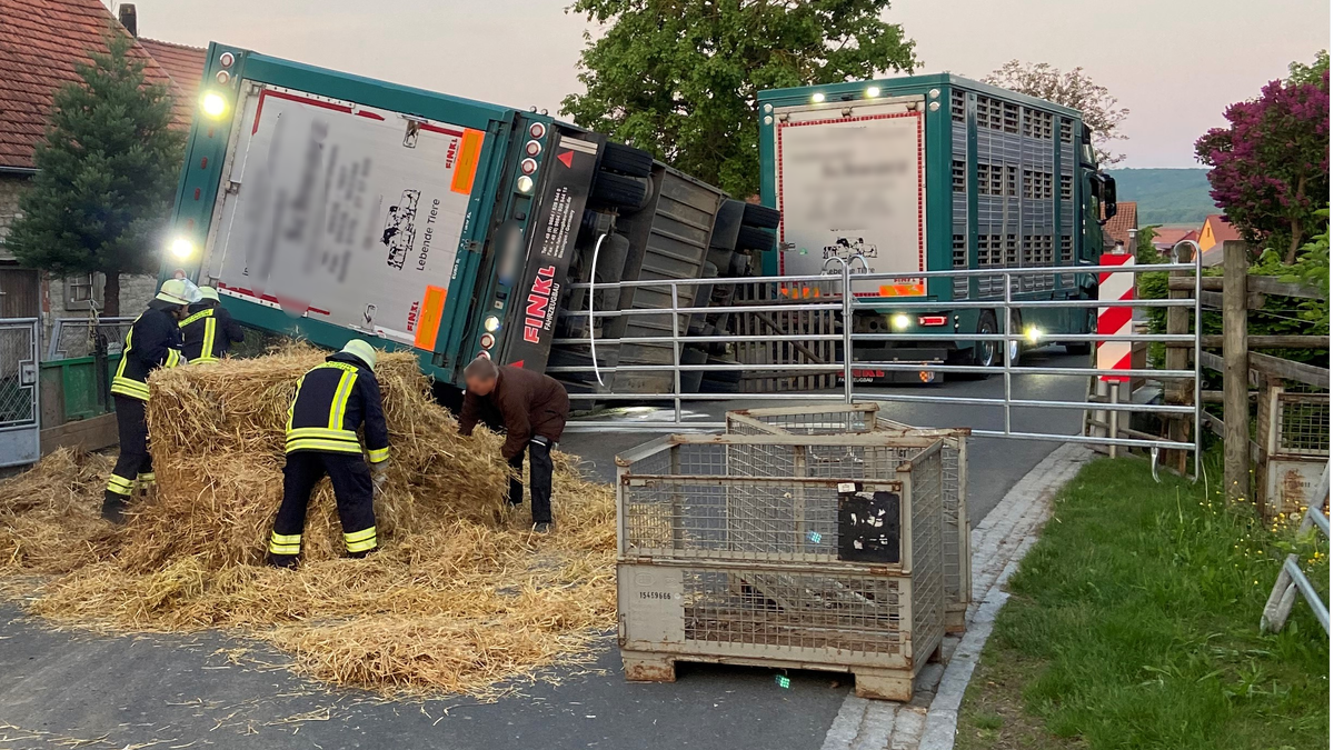Der umgekippte Schweinetransporter und Helfer der Feuerwehr vor Ort in Iphofen.