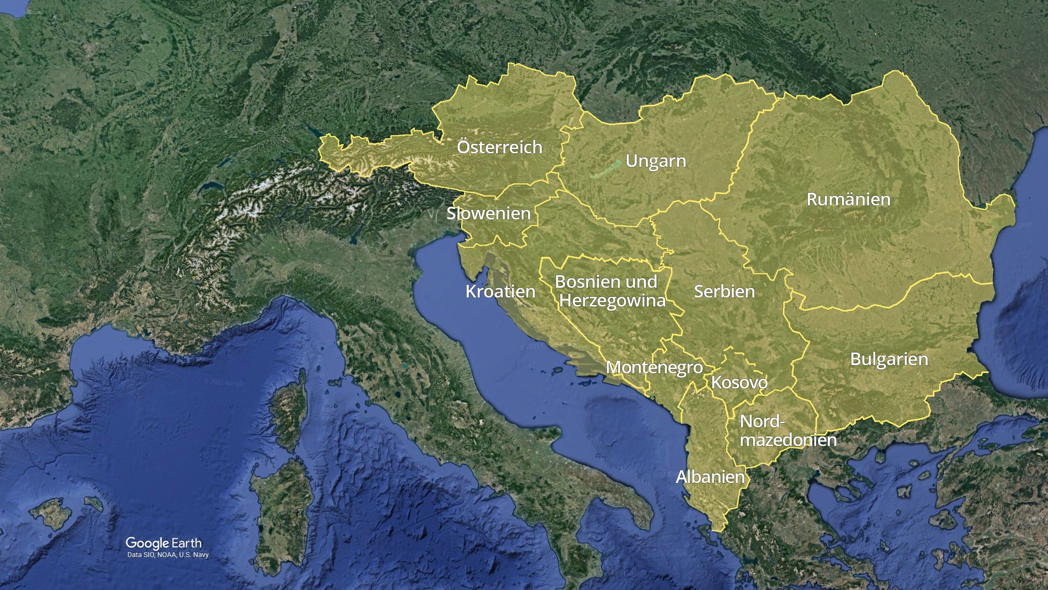 Satellitenkarte Berichtsgebiet ARD-Studio Südosteuropa