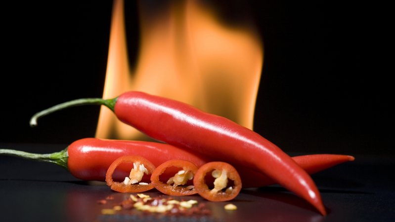 Scharfe Chilis mit Feuer im Hintergrund. Die Schärfe löst einen "Pepper-high" im Mund aus und kann süchtig machen.