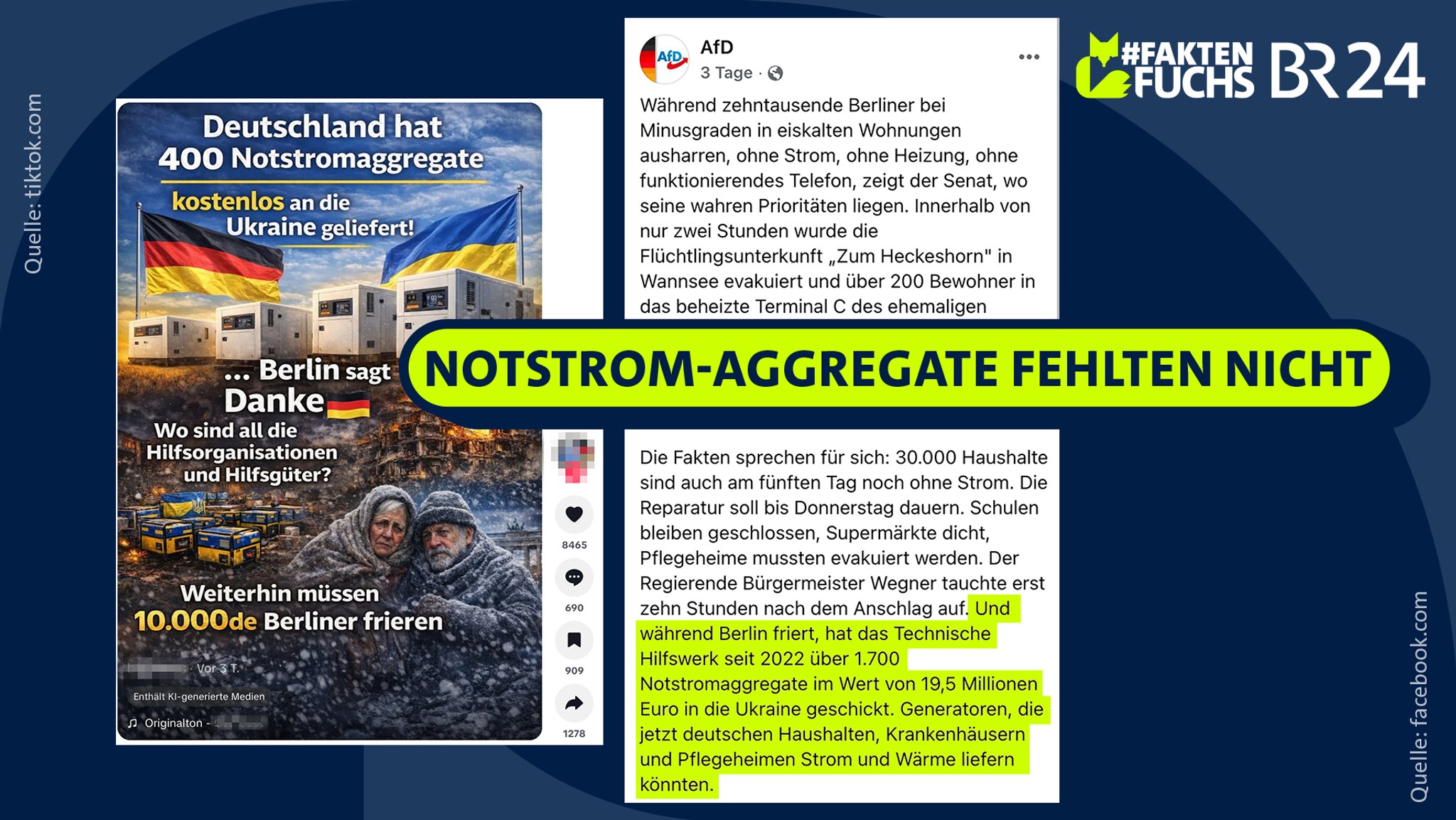 Im Internet suggerierten verschiedene Accounts, Notstromaggregate hätten in Berlin gefehlt, weil Deutschland sie an die Ukraine geliefert hätten. | Bild: TikTok.com / Facebook.com / Montage: BR Im Internet suggerierten verschiedene Accounts, Notstromaggregate hätten in Berlin gefehlt, weil Deutschland sie an die Ukraine geliefert hätten.