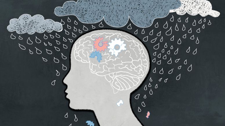 Illustration: Silhouette eines Kopfes, Gehirn ist angedeutet. Über dem Kopf sind Regenwolken, die auf die Person herabregnen. | Bild:colourbox.com/TLFurrer
