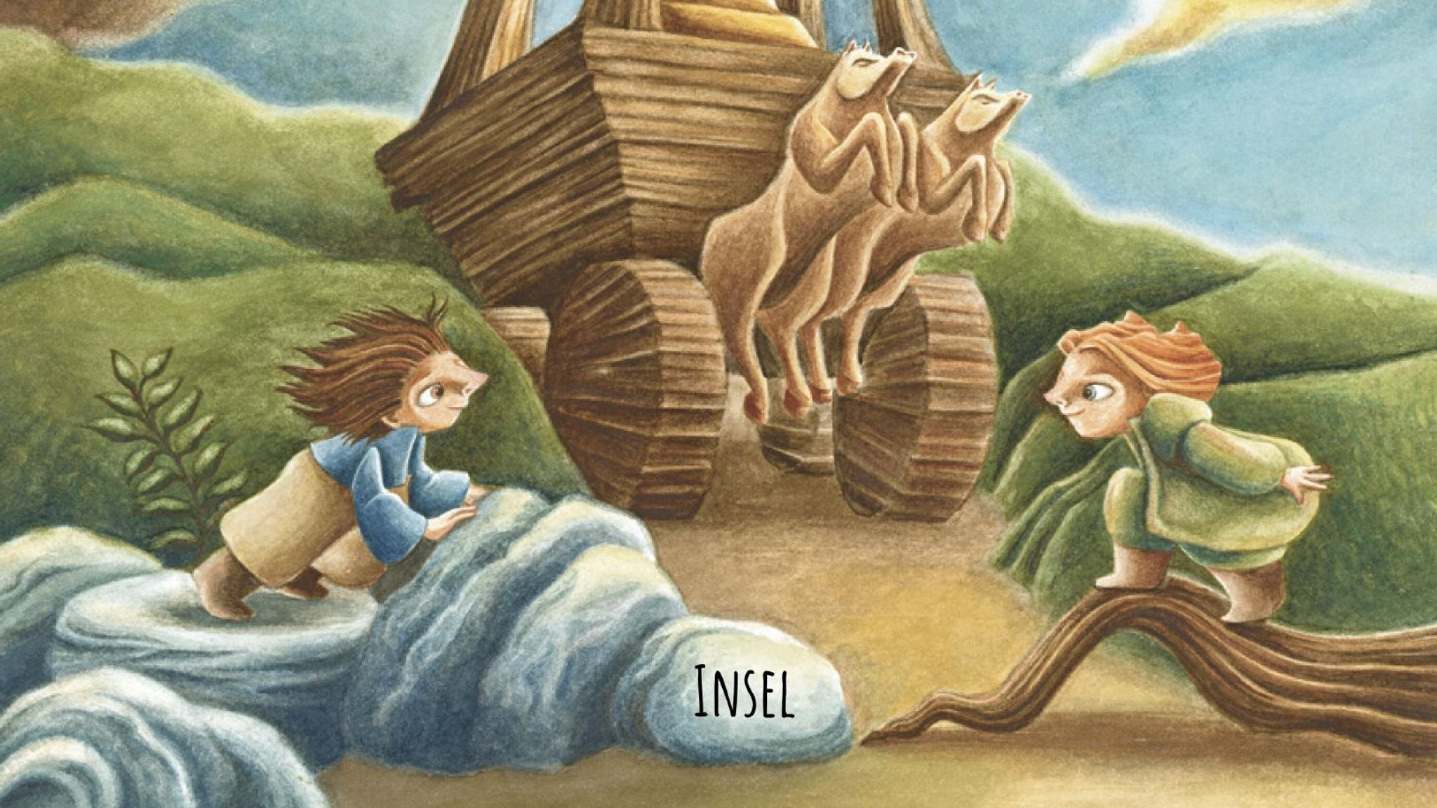 Bunte Illustration: Die kleinen Kinder Karl und Rosa auf einem Felsen bzw. einer Baumwurzel, im Hintergrund ein riesiger Wagen aus Holz