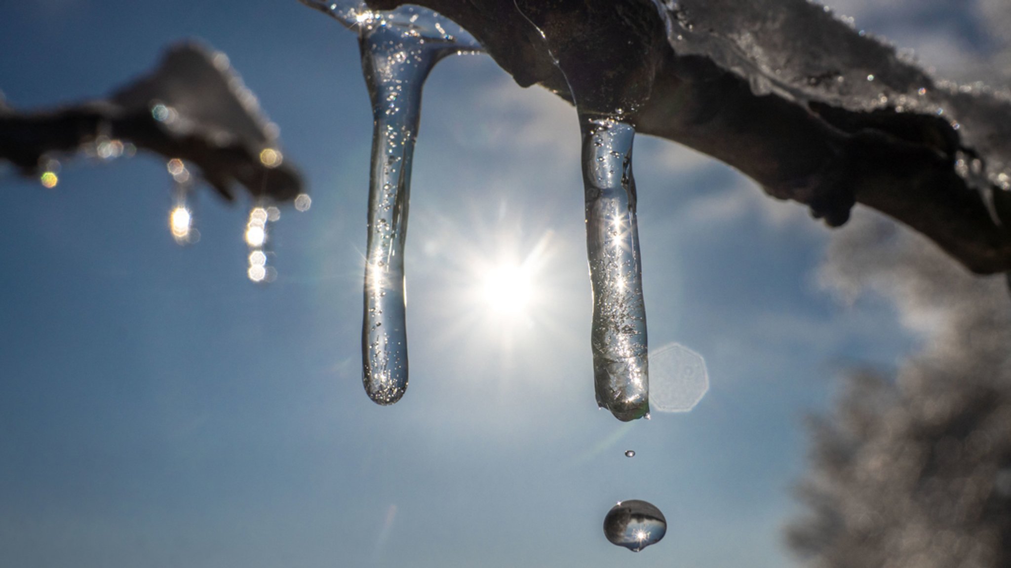 Ein schmelzender Eiszapfen im Sonnenlicht.