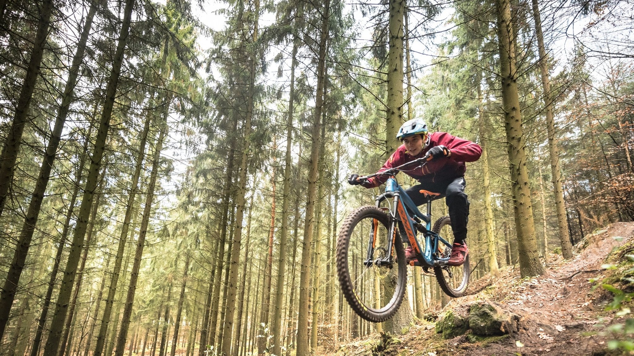 Mountainbiker fährt Downhill durch den Wald