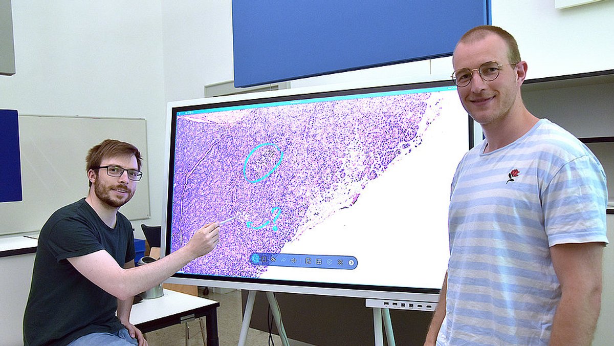 Philipp Sodmann (links) und Matthias Griebel vor einem Bildschirm mit ihrem digitalen Tool "deepflash2", das mikroskopische Bilder auswerten kann.