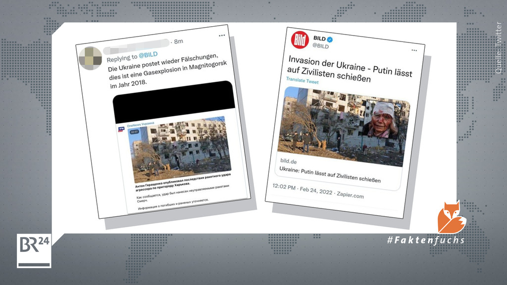 Zwei Tweets zeigen ein zerstörtes Gebäude mit unterschiedlichen Aussagen dazu