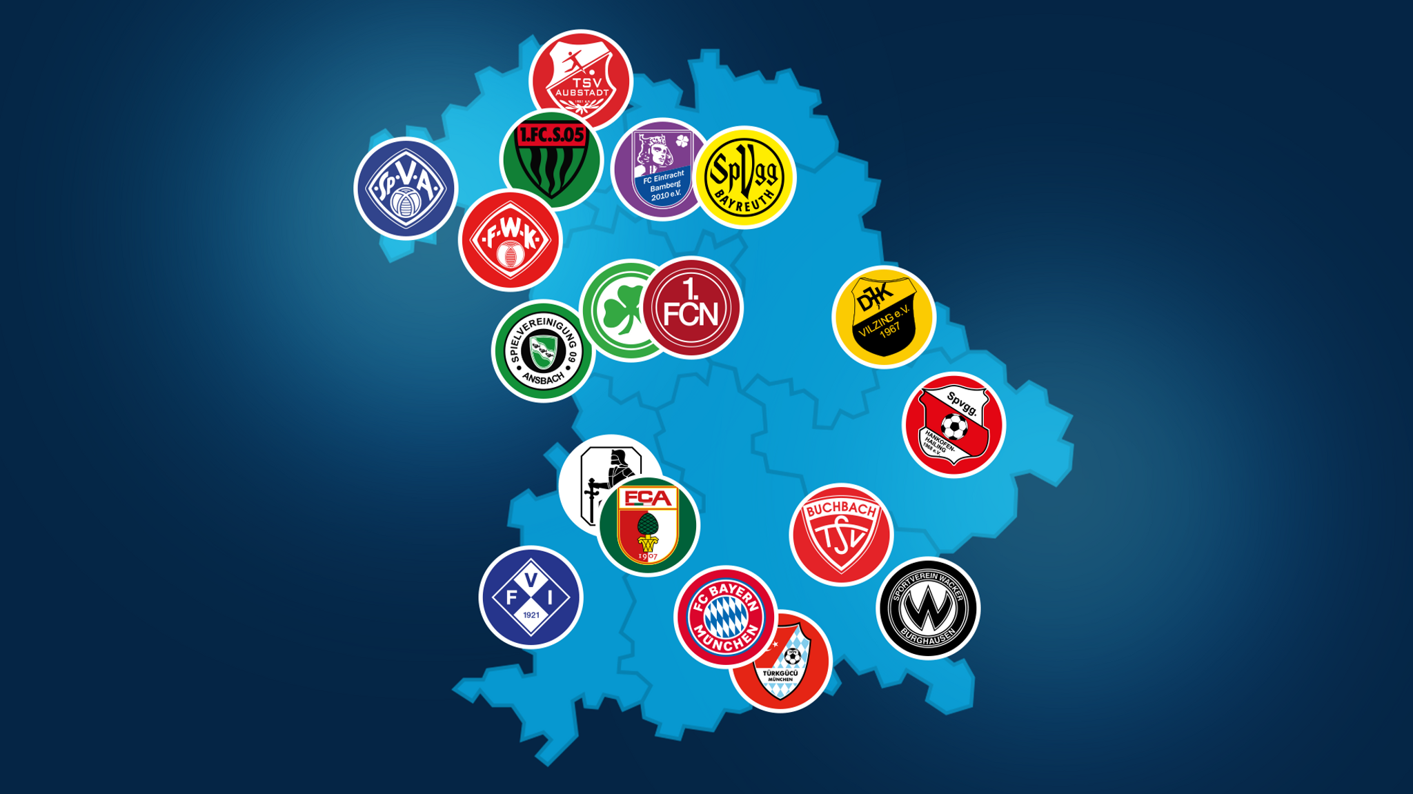 Bayernkarte mit den Vereinen der Regionalliga Bayern