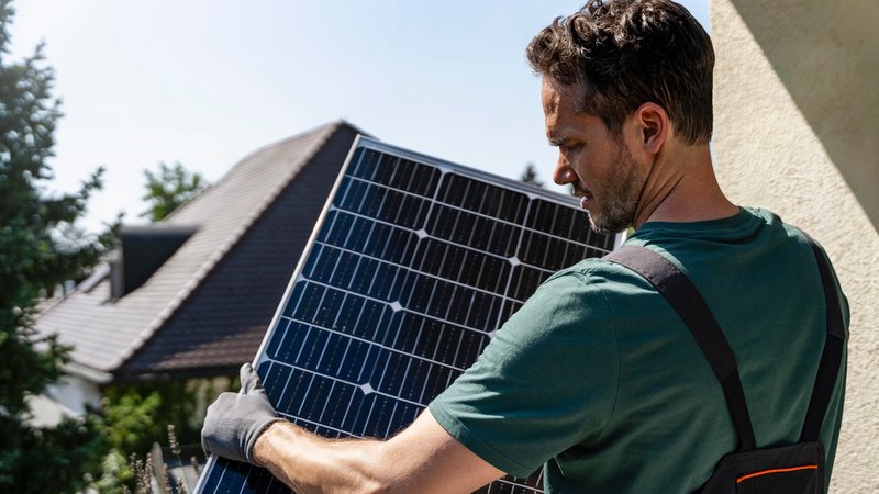 Handwerker mit Solarmodul | Bild: picture alliance / Westend61 | Daniel Ingold Handwerker mit Solarmodul