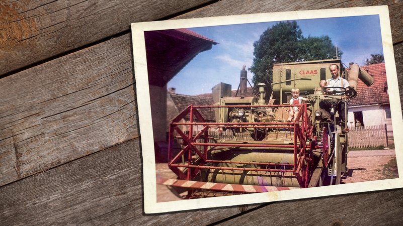Andreas Heiß aus Dötting (Lkr. Eichstätt) mit seinem Vater auf dem damals neuen Mähdrescher von Claas, Bild von 1964
| Bild: Andreas Heiß, colourbox.com/Evgeny Karandaev; Montage: BR Andreas Heiß aus Dötting (Lkr. Eichstätt) mit seinem Vater auf dem damals neuen Mähdrescher von Claas, Bild von 1964