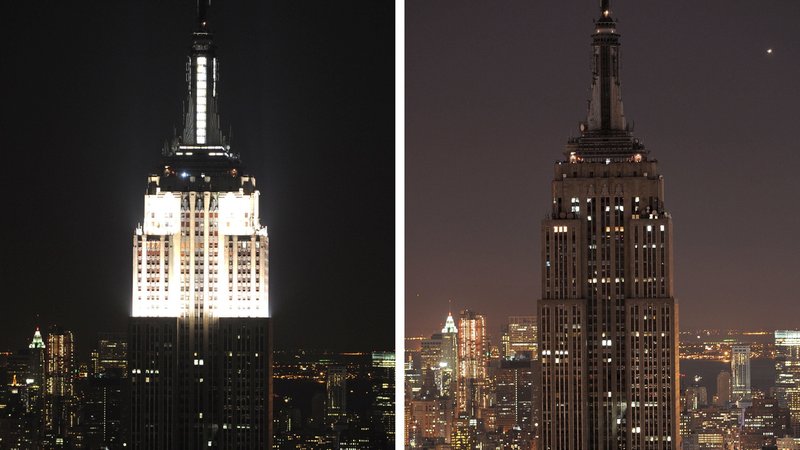 Das Empire State Building in New York vor und nach Beginn der Earth Hour am 27. März 2010
