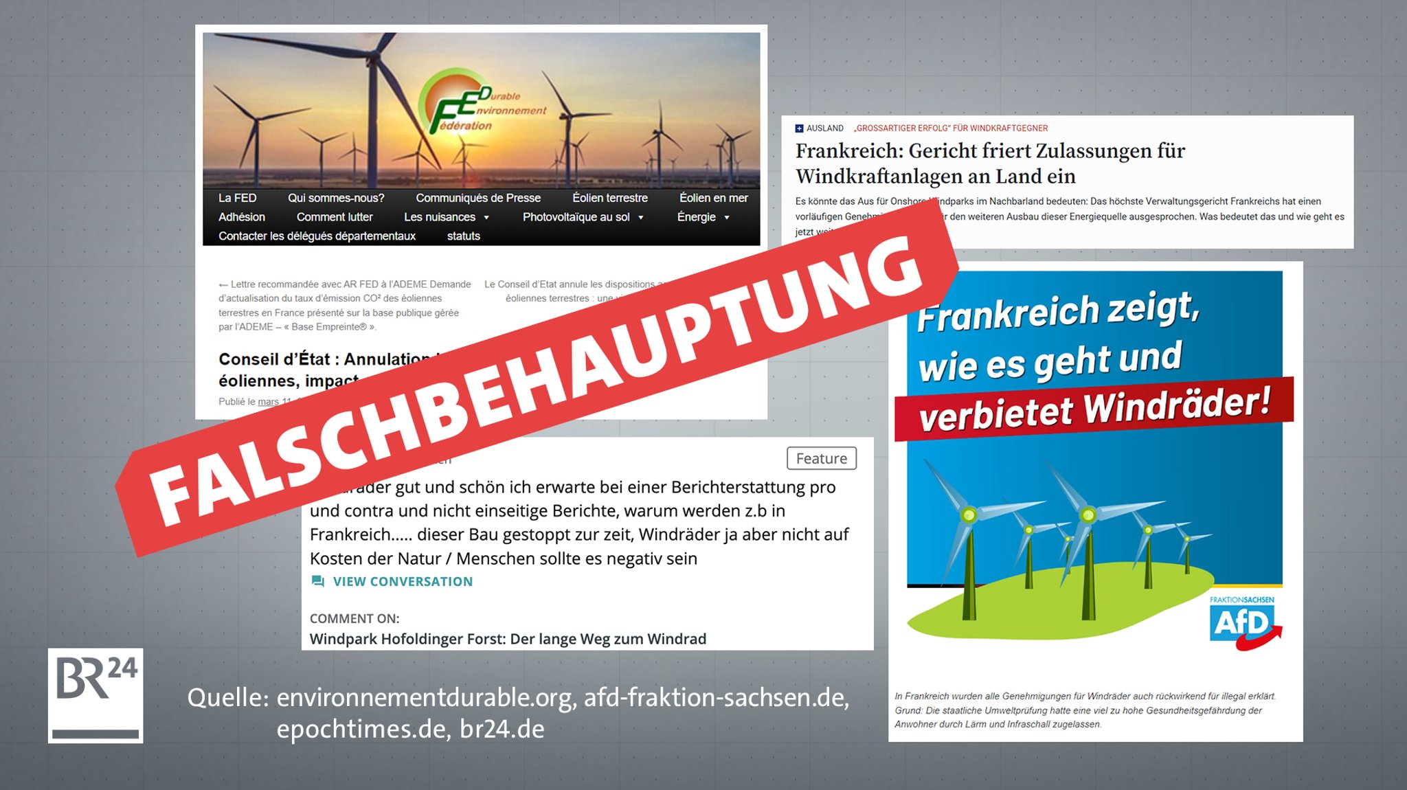 Screenshots mit Falschbehauptungen zu Windkraft-Urteil in Frankreich, darüber der Stempel "Falschbehauptung".