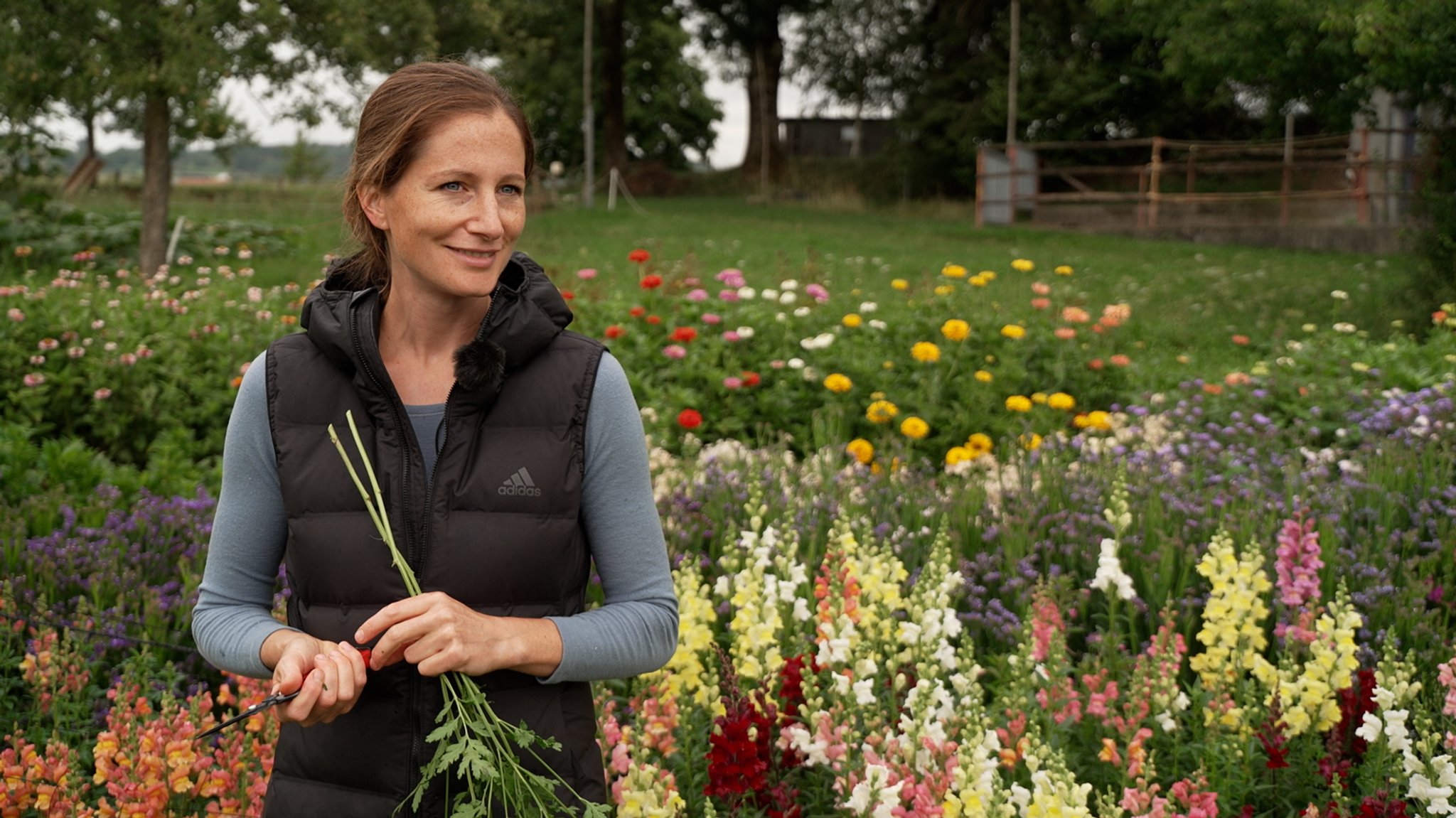 Barbara Schäffeler steht in Haldenwang (Oberallgäu) in ihrem Garten, den sie nach Ideen der Slowflower-Bewegung bewirtschaftet