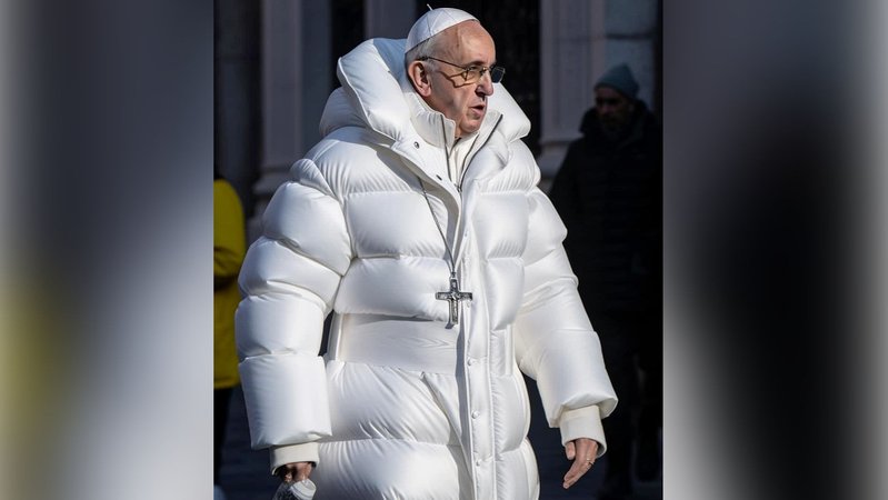 Dieses KI-generierte Bild von Papst Franziskus ging 2023 um die Welt. | Bild: Mindjourney Dieses KI-generierte Bild von Papst Franziskus ging 2023 um die Welt.