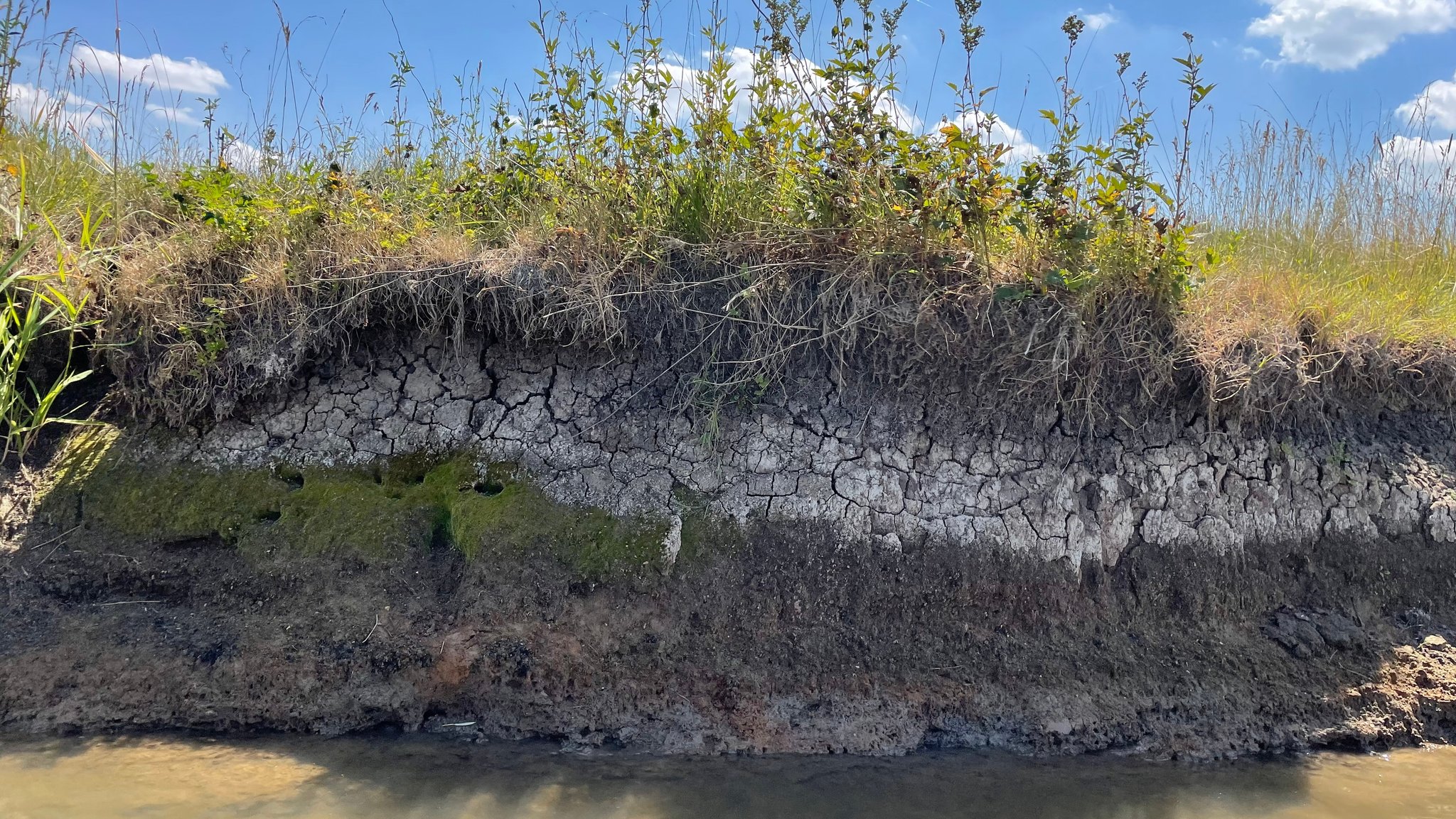 22.07.2022, Ehlheim - Ausgetrocknetes Ufer der Altmühl bei Ehlheim im Lkr. Weißenburg-Gunzenhausen. Der Wasserstand ist besorgniserregend tief, etwa einen halben Meter tiefer als sonst, so niedrig wie zuletzt vor 70 Jahren. Außerdem wird das Flusswasser immer wärmer. Experten empfehlen als Gegenmaßnahme mehr Schatten für die Ufer.