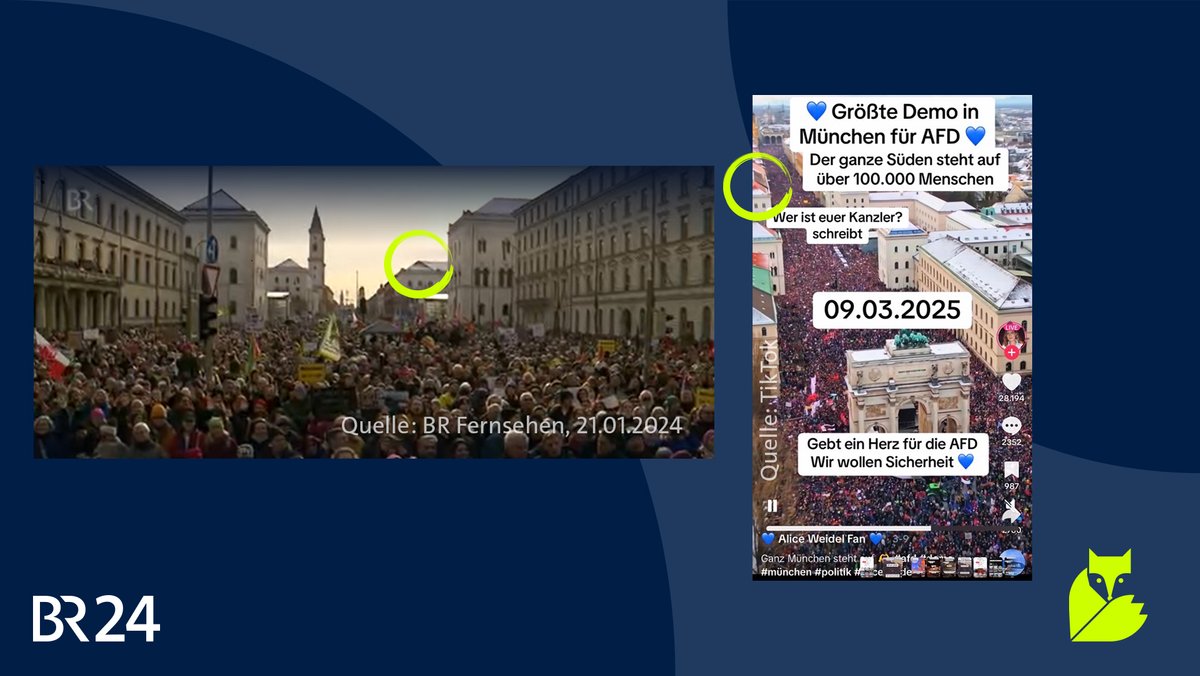 Ein Bildvergleich zeigt: Die Fake-Videos nutzen Aufnahmen der Münchner Großdemonstration gegen Rechtsextremismus im Januar 2024. 