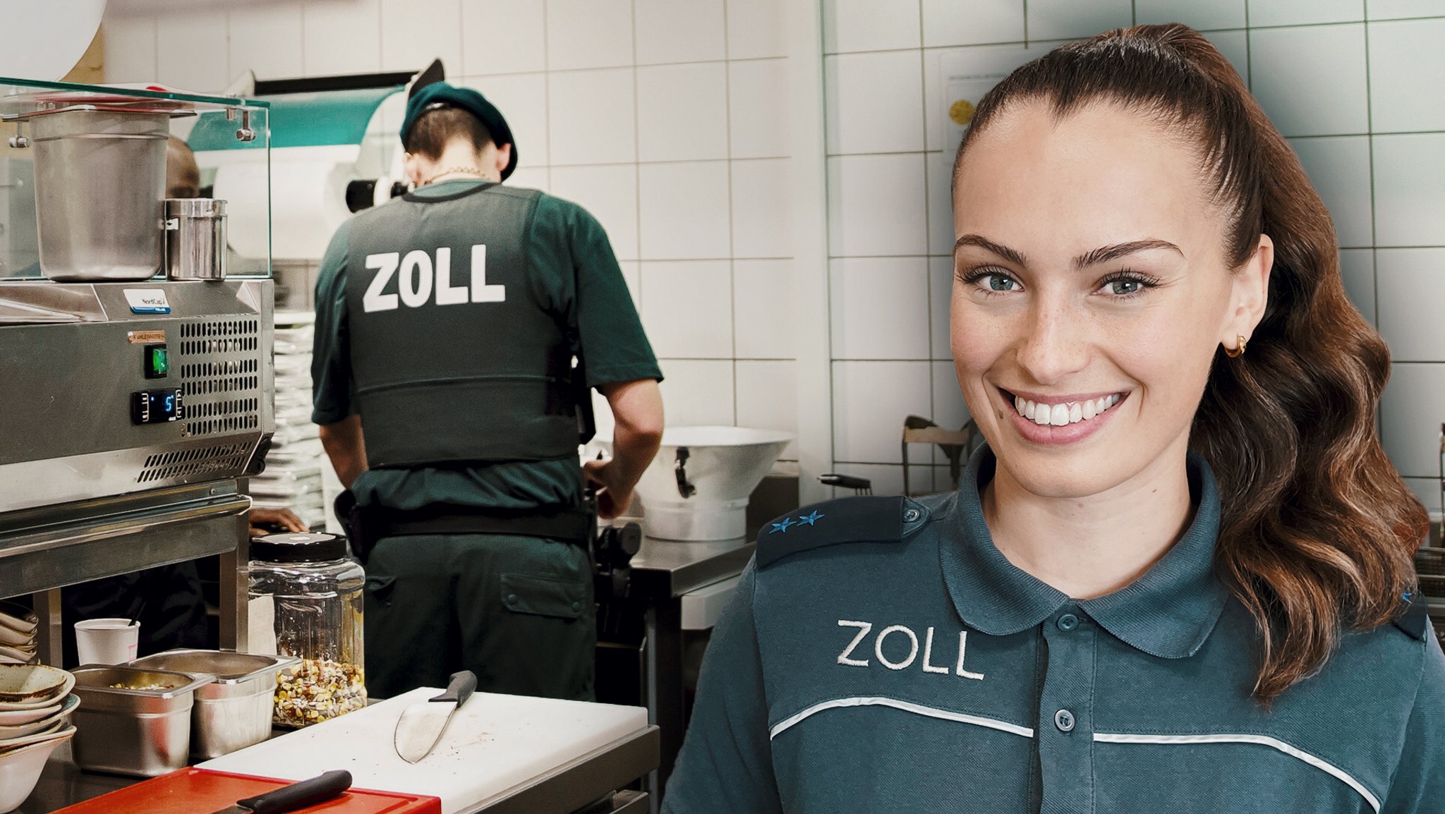 Junge Frau vor Zolldurchsuchung in einer Restaurantküche