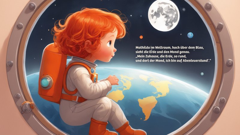 rothaariges Mädchen im Raumanzug in einem Bullauge | Bild: Georg Neumann und ChatGPT rothaariges Mädchen im Raumanzug in einem Bullauge