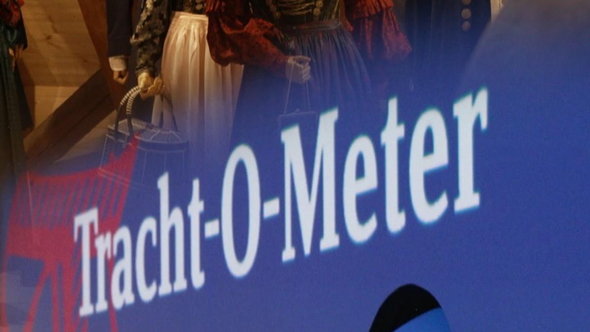 "Tracht-O-Meter"-Schriftzug vor ausgestellten Trachten