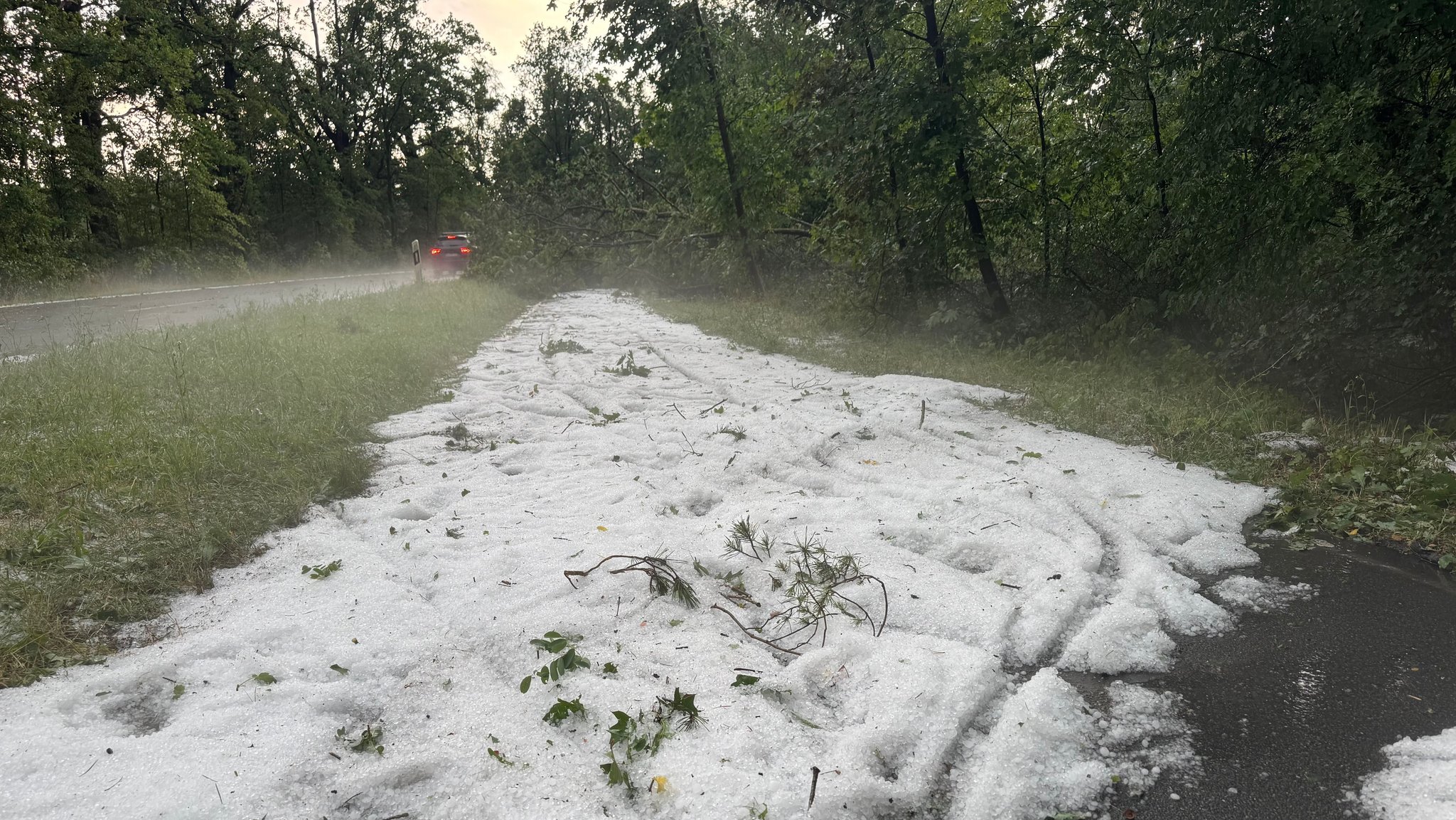 14.07.2026, Bayern, Erlangen: Nach einem starken Gewitter liegt Hagel auf einem Radweg in Erlangen. Die Hitze des Tages entlud sich am Abend in Teilen Bayerns in Gewittern. Foto: Lars Haubner/NEWS5/dpa +++ dpa-Bildfunk +++ | Bild: dpa-Bildfunk/Lars Haubner 14.07.2026, Bayern, Erlangen: Nach einem starken Gewitter liegt Hagel auf einem Radweg in Erlangen. Die Hitze des Tages entlud sich am Abend in Teilen Bayerns in Gewittern. Foto: Lars Haubner/NEWS5/dpa +++ dpa-Bildfunk +++